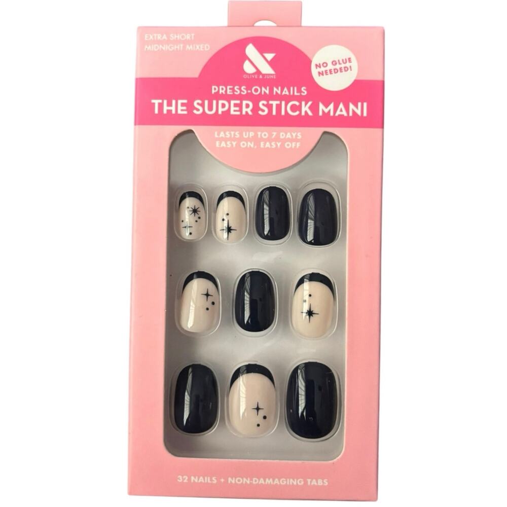 Olive and June Press-on Nails-Midnight Mixed-Oval-Xtra Short-No Glue Needed-New!